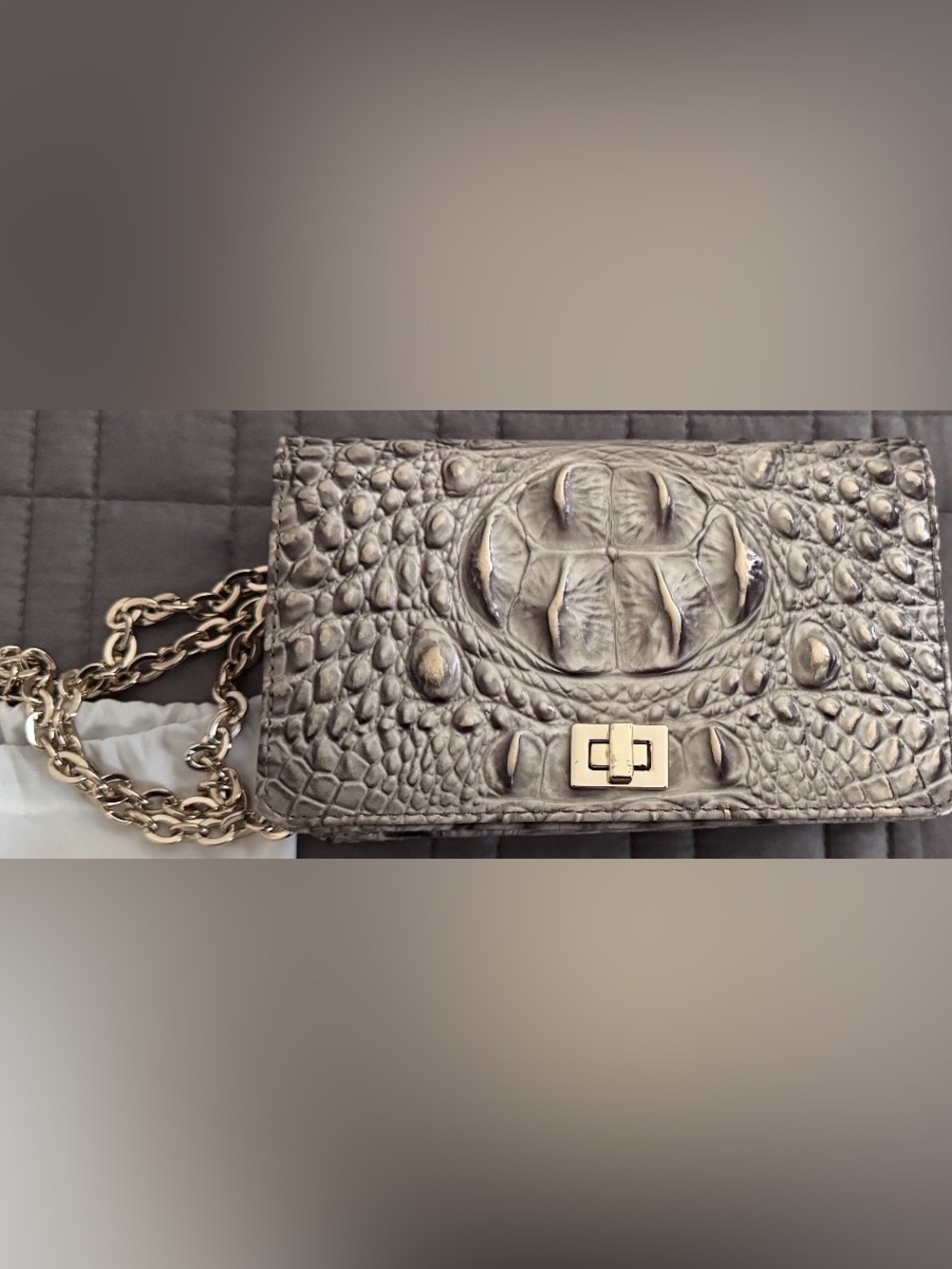Brahmin Sara Croc-Embossed Leather Clutch in Taupe Gray with Gold Chain